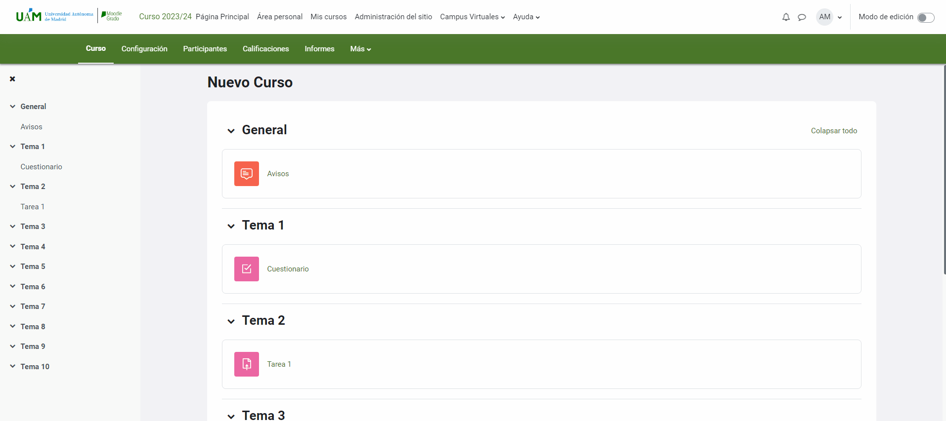 Configuración de curso