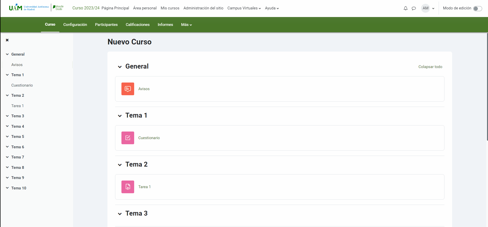 Configuración extra de curso