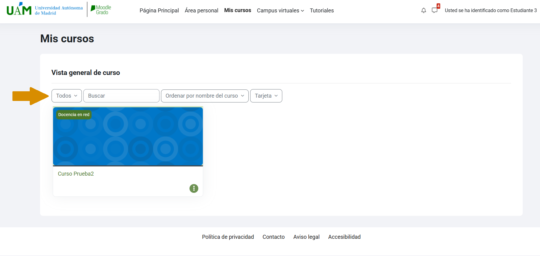 Imagen del panel de Mis cursos dónde el filtro de la Vista general de curso está puesto en Todos.