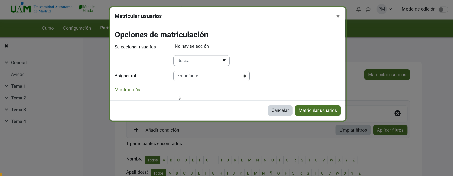 Localizar usuario y matricular