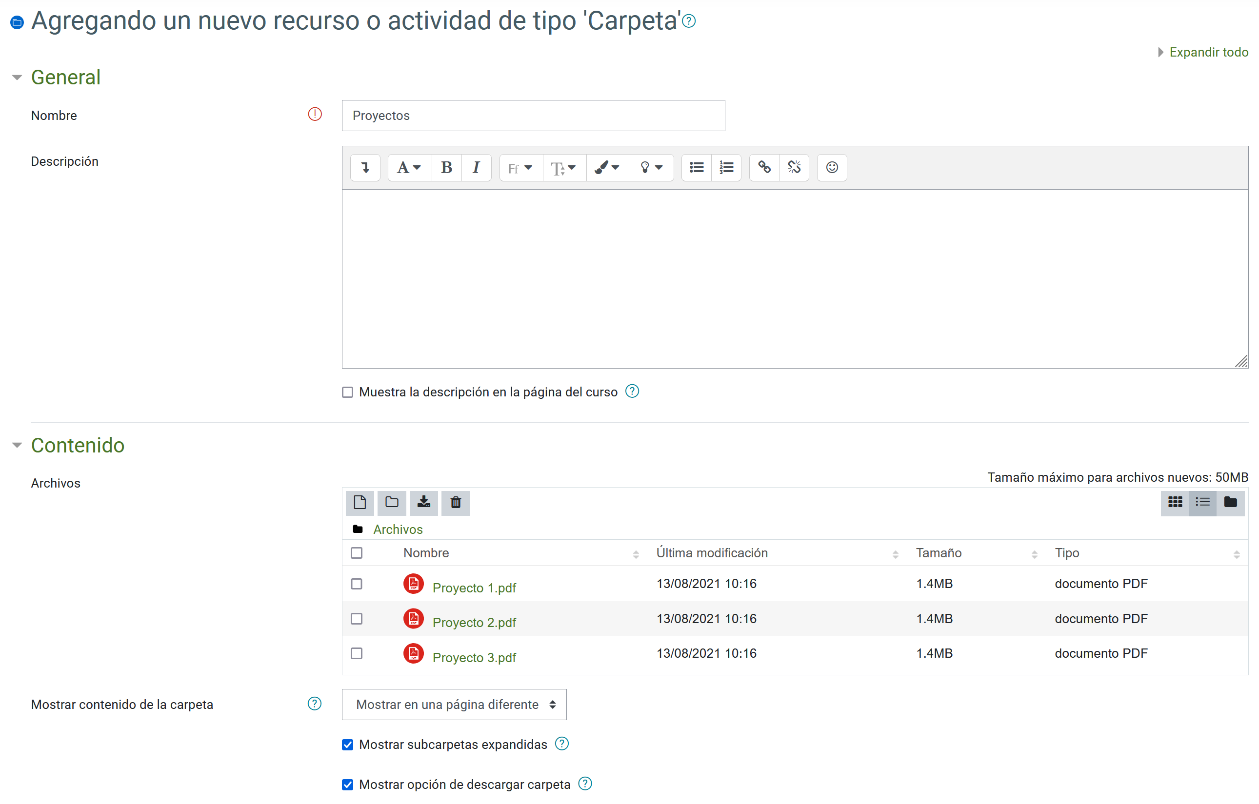 Datos a completar en recurso carpeta