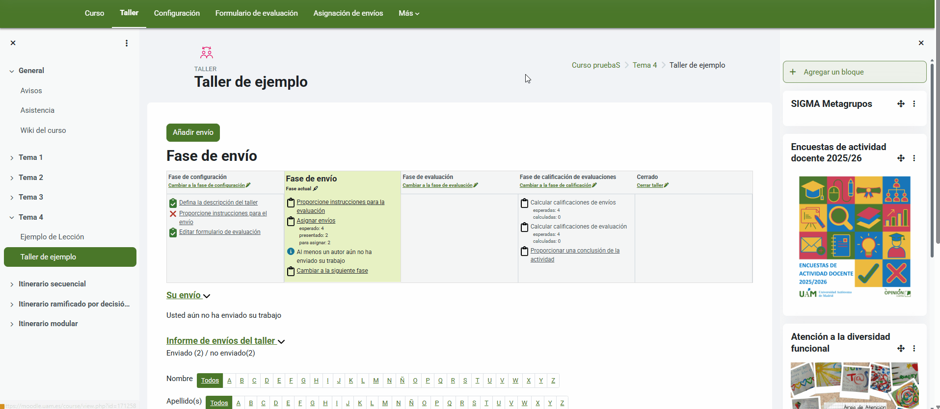 Asignación manual de envíos y evaluadores en el taller