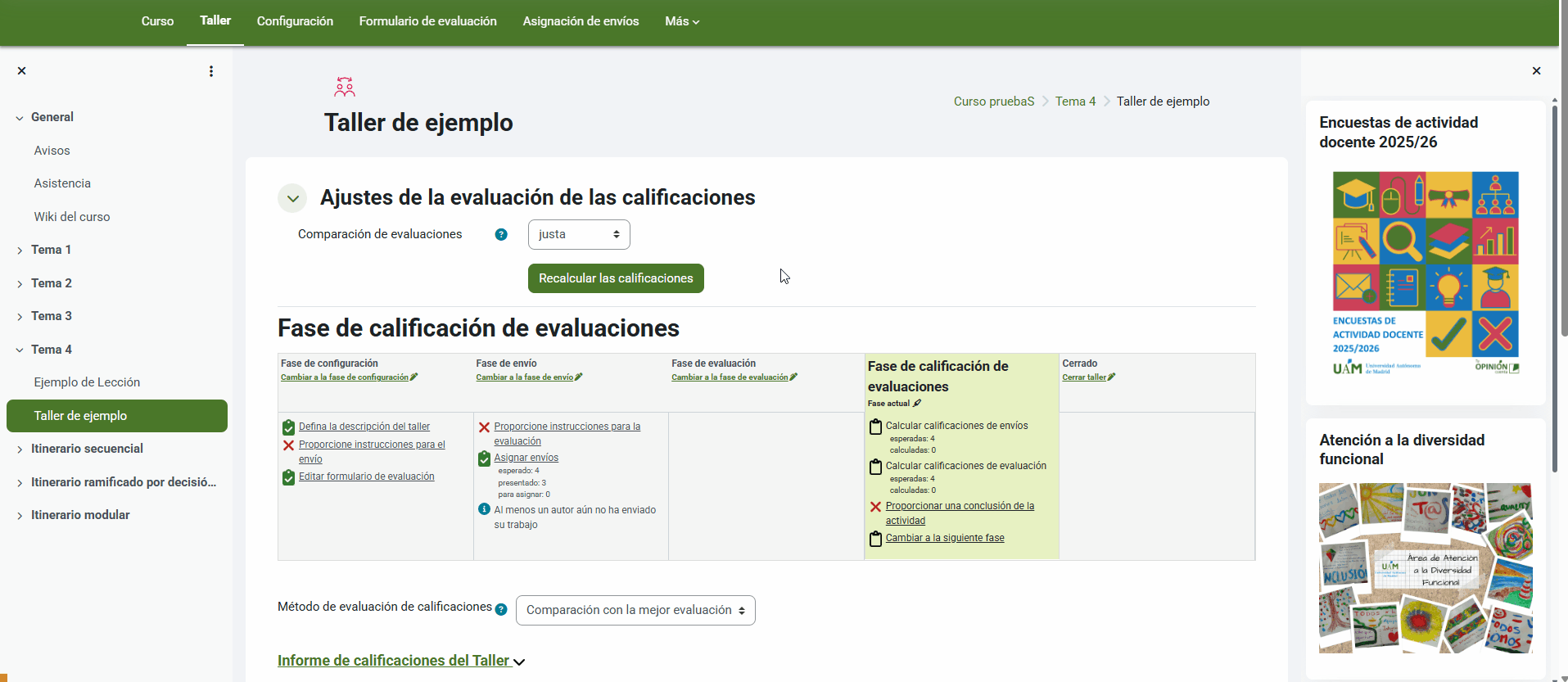 Docente evalúa un envío en un taller y ajusta la ponderación de la evaluación.