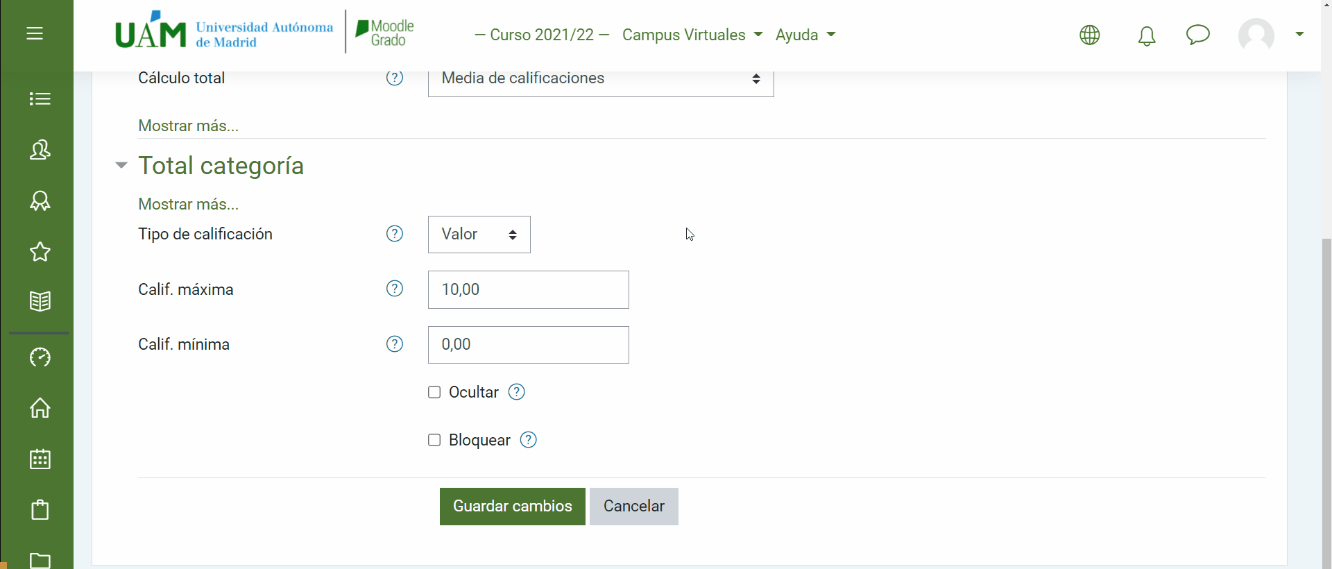 Opciones de calificación