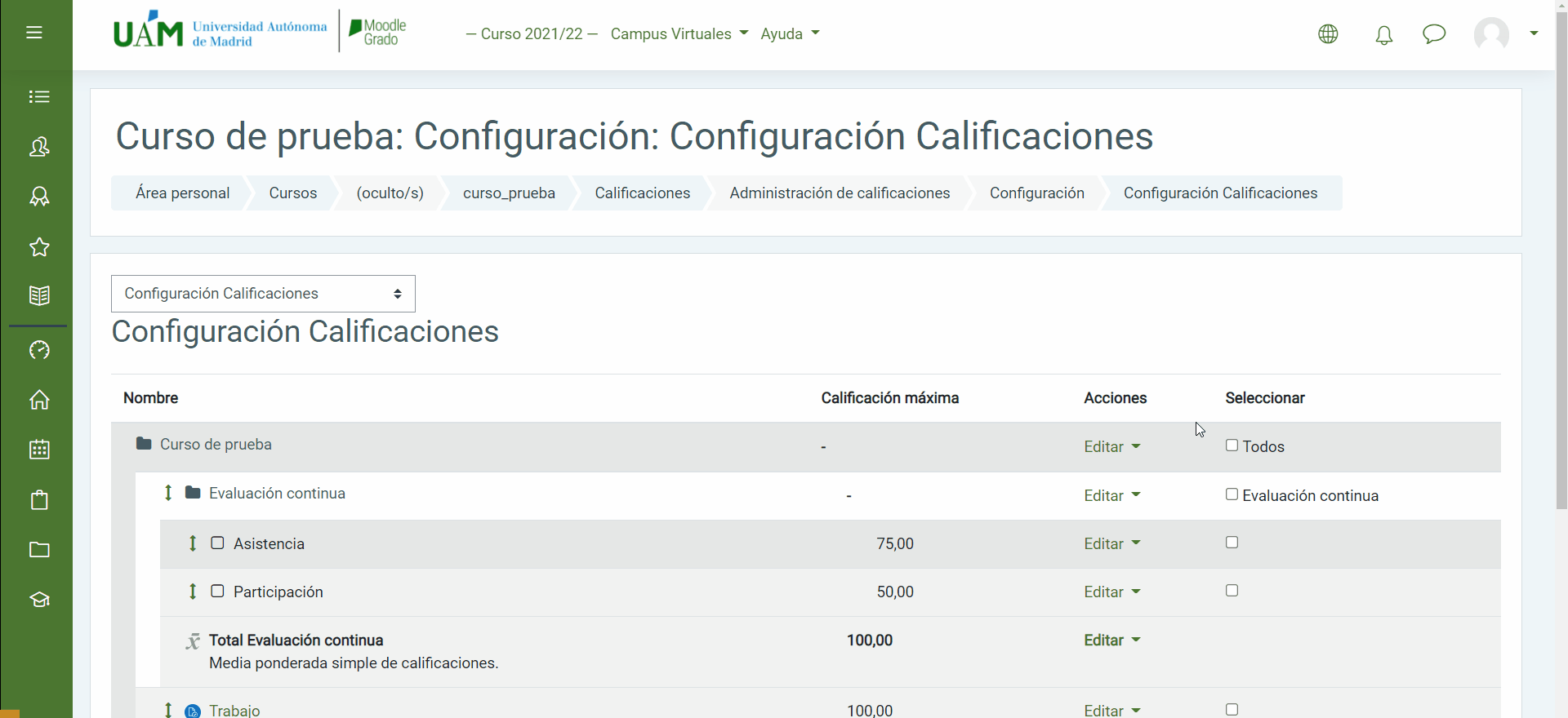 Ajustes de calificación en categorías e ítems