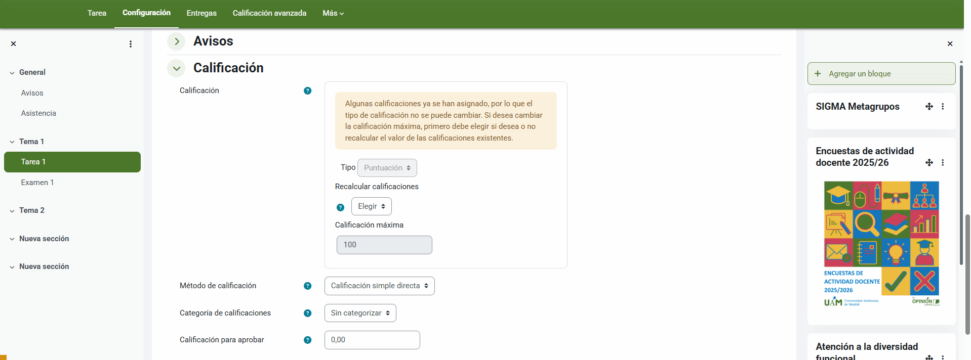 Decidimos si recalcular notas o no, modificamos valor máximo y guardamos cambios