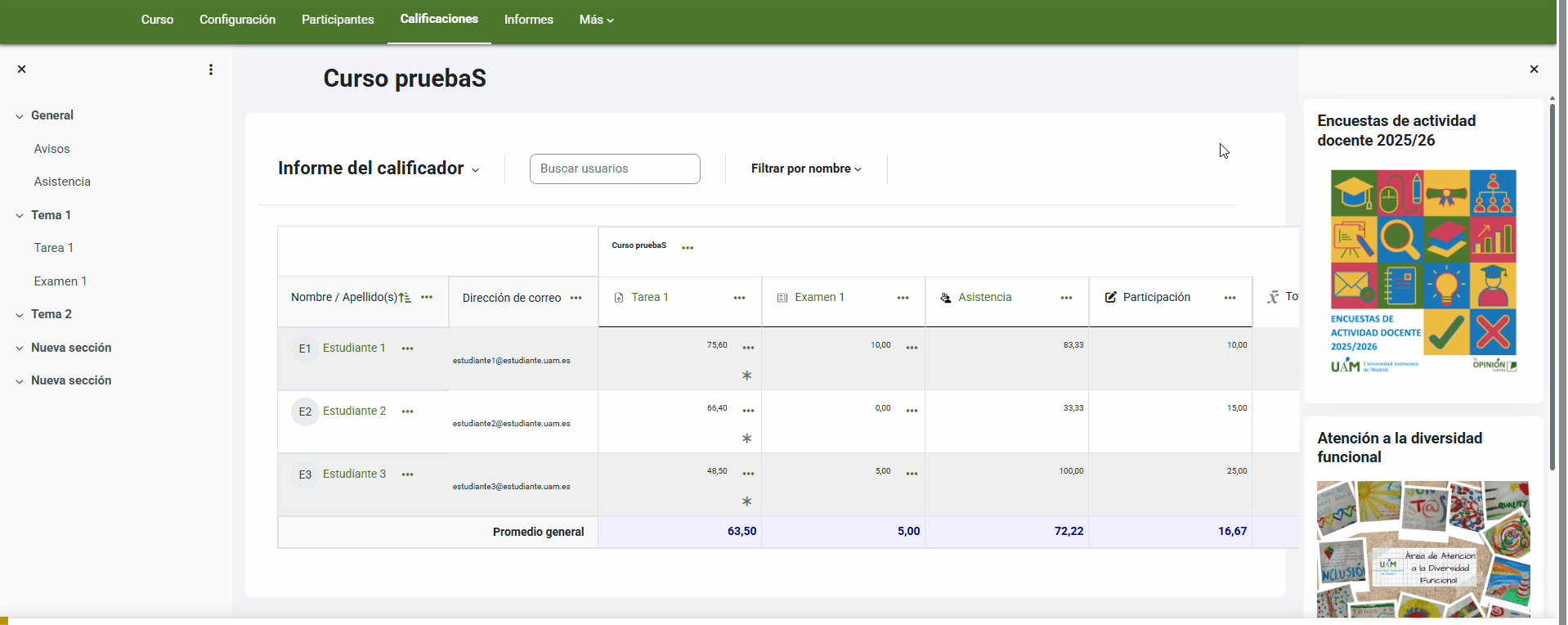 Vista de Usuario desde el informe calificador y se observa una vista detallada de las calificaciones de un estudiante