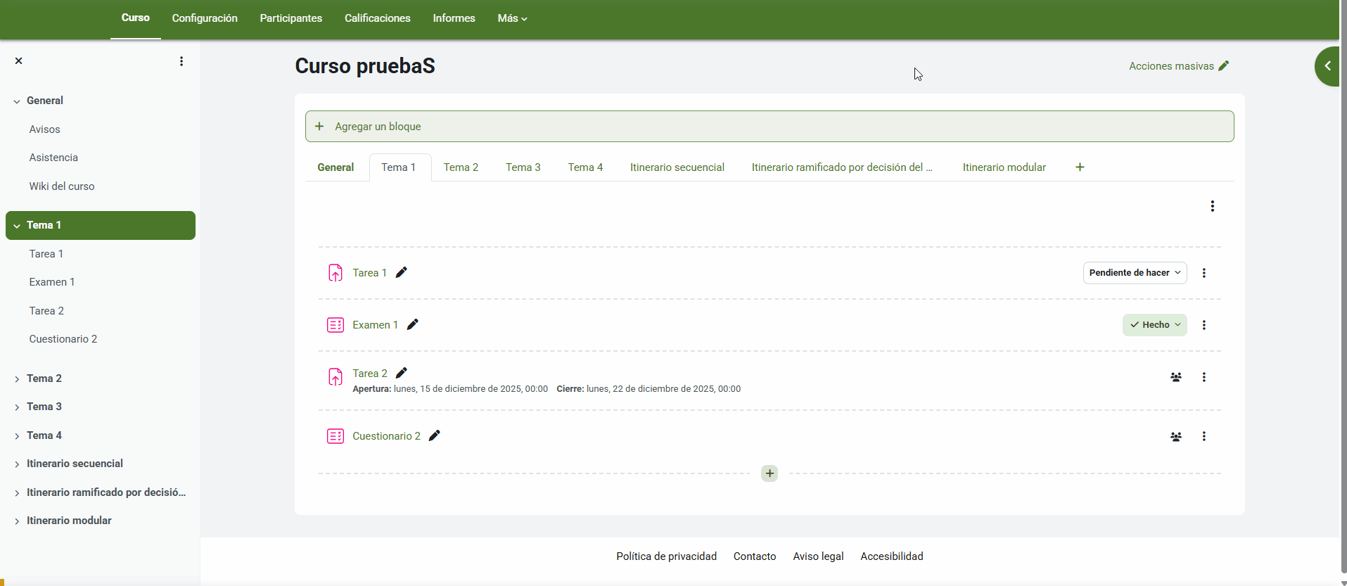 Ejemplo de acciones masivas en un curso de Moodle