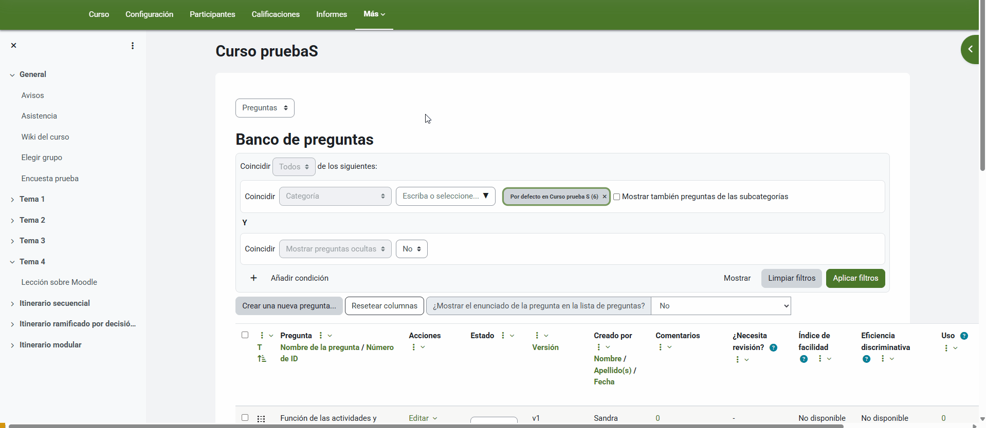 Crear una categoría en el banco de preguntas