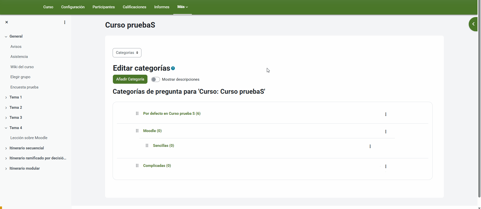 Diferentes formas de mover una categoría del banco de preguntas
