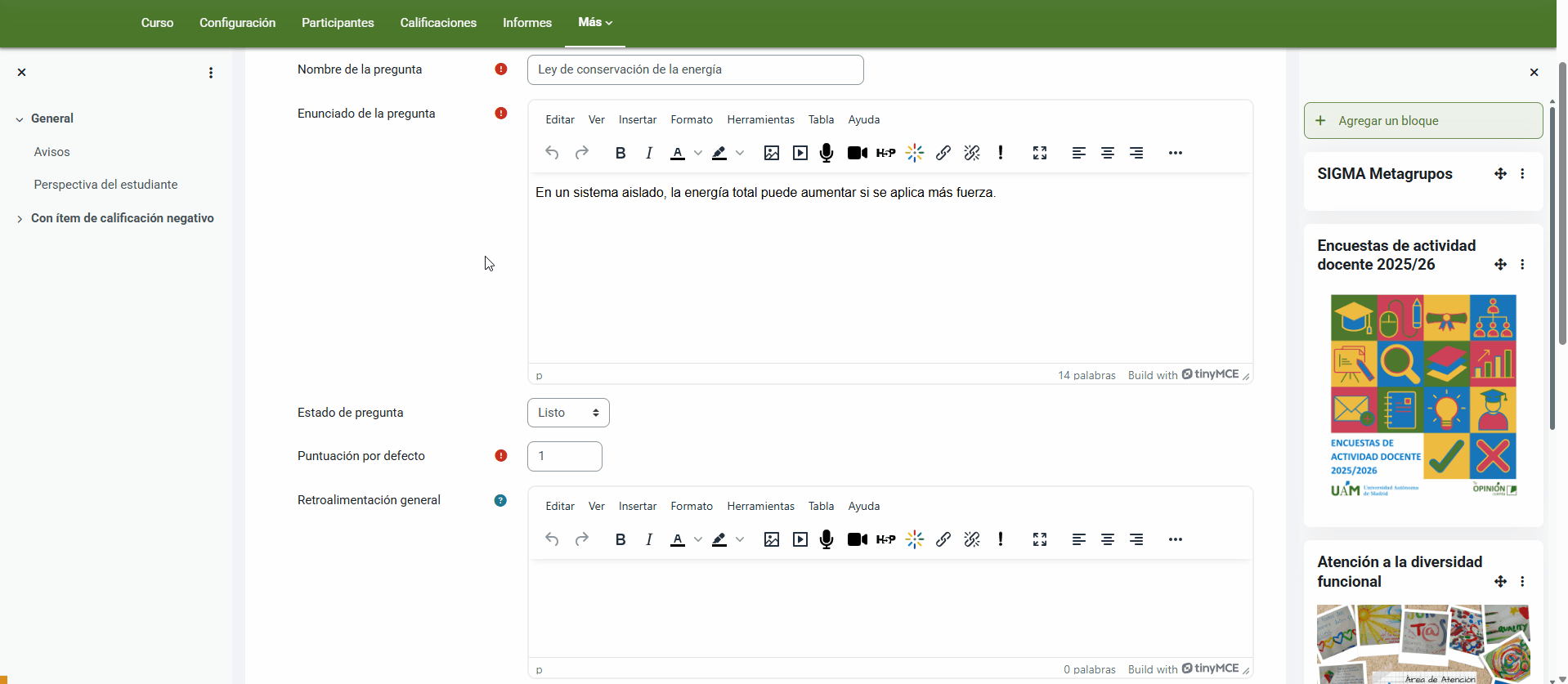 Configuración de una pregunta de Verdadero y Falso