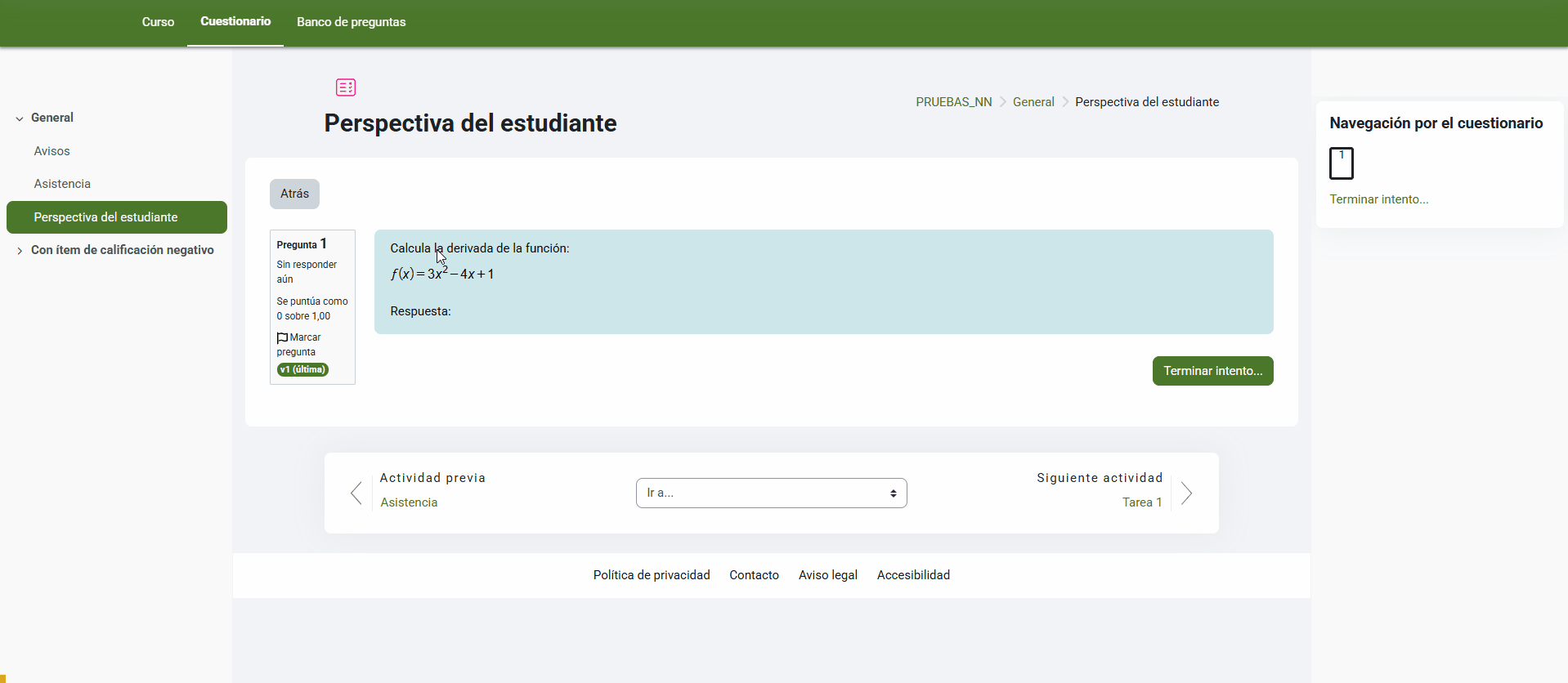 Perspectiva del estudiante en una pregunta tipo Wiris