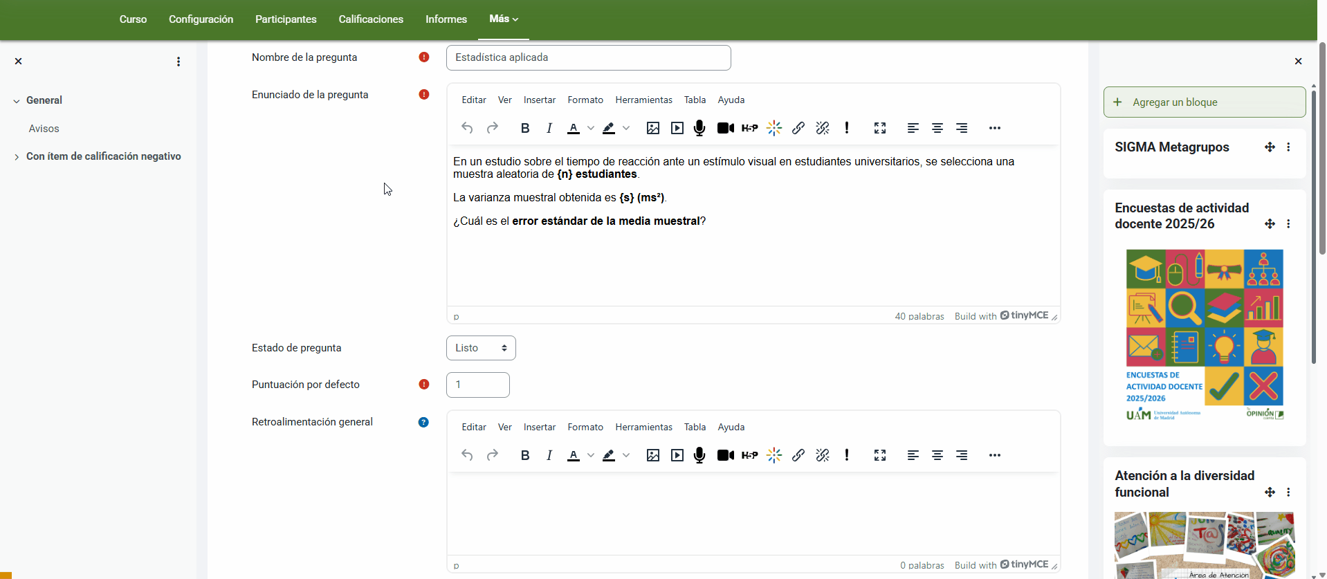 Encontrar el menú de configuración de rangos de comodines en una pregunta Calculada Simple
