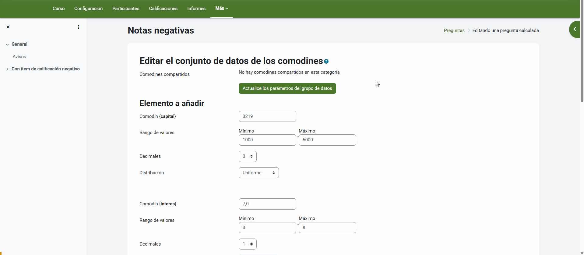 Crear series diferentes de comodines en pregunta Calculada