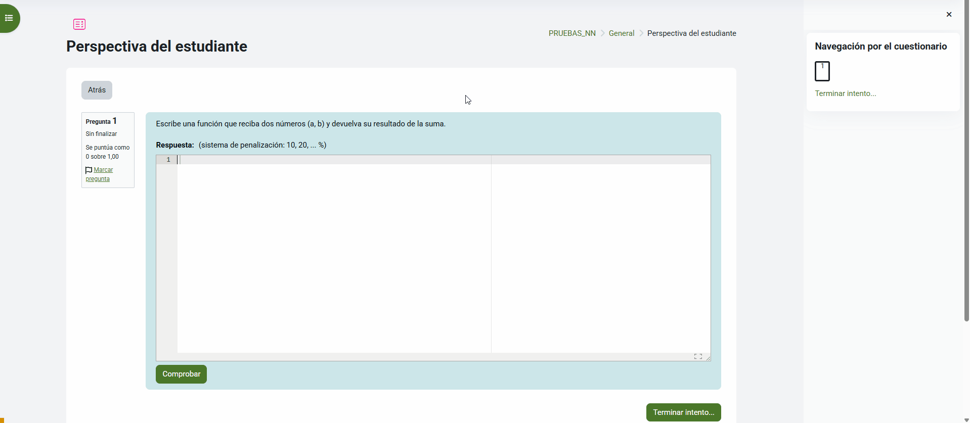 Perspectiva del estudiante en una pregunta de tipo CodeRunner