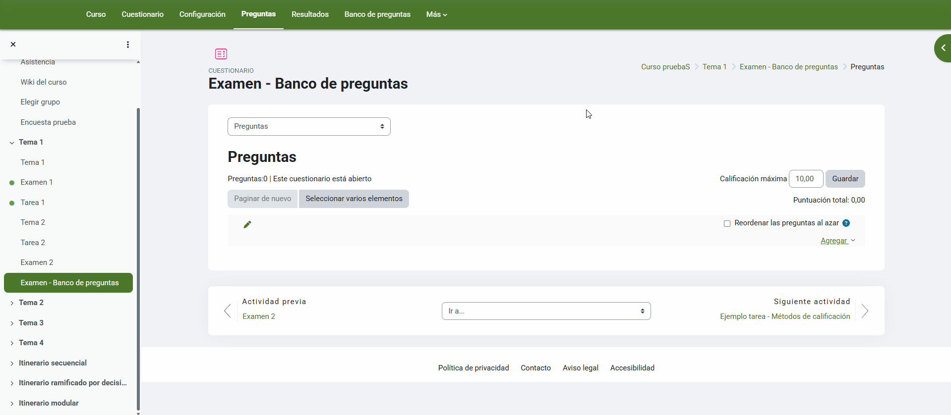 Agregar preguntas aleatorias a un cuestionario