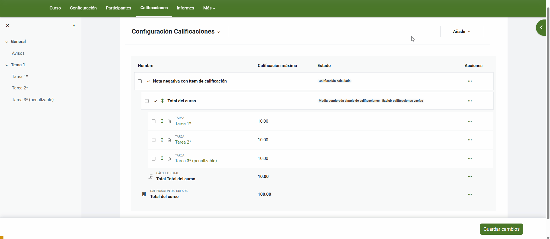 Crear un ítem de calificación para penalizar
