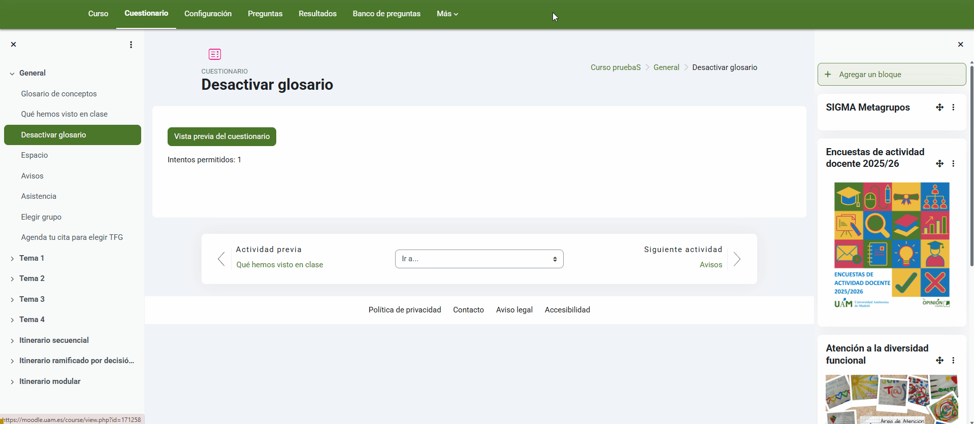 Desactivar filtros de auto-enlace en un cuestionario para evitar ver respuestas desde el glosario