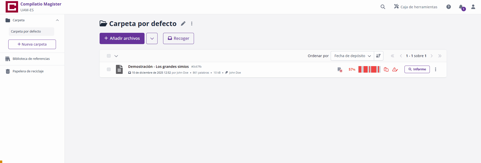 Menú inicio de Compilatio web