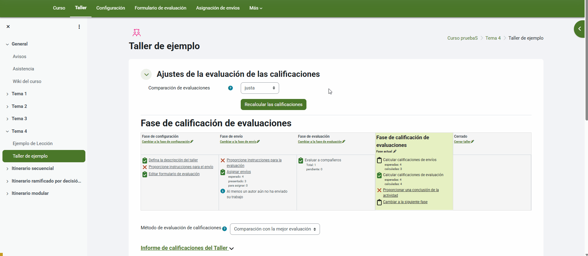 Cambio de calificación manual de entrega en un taller